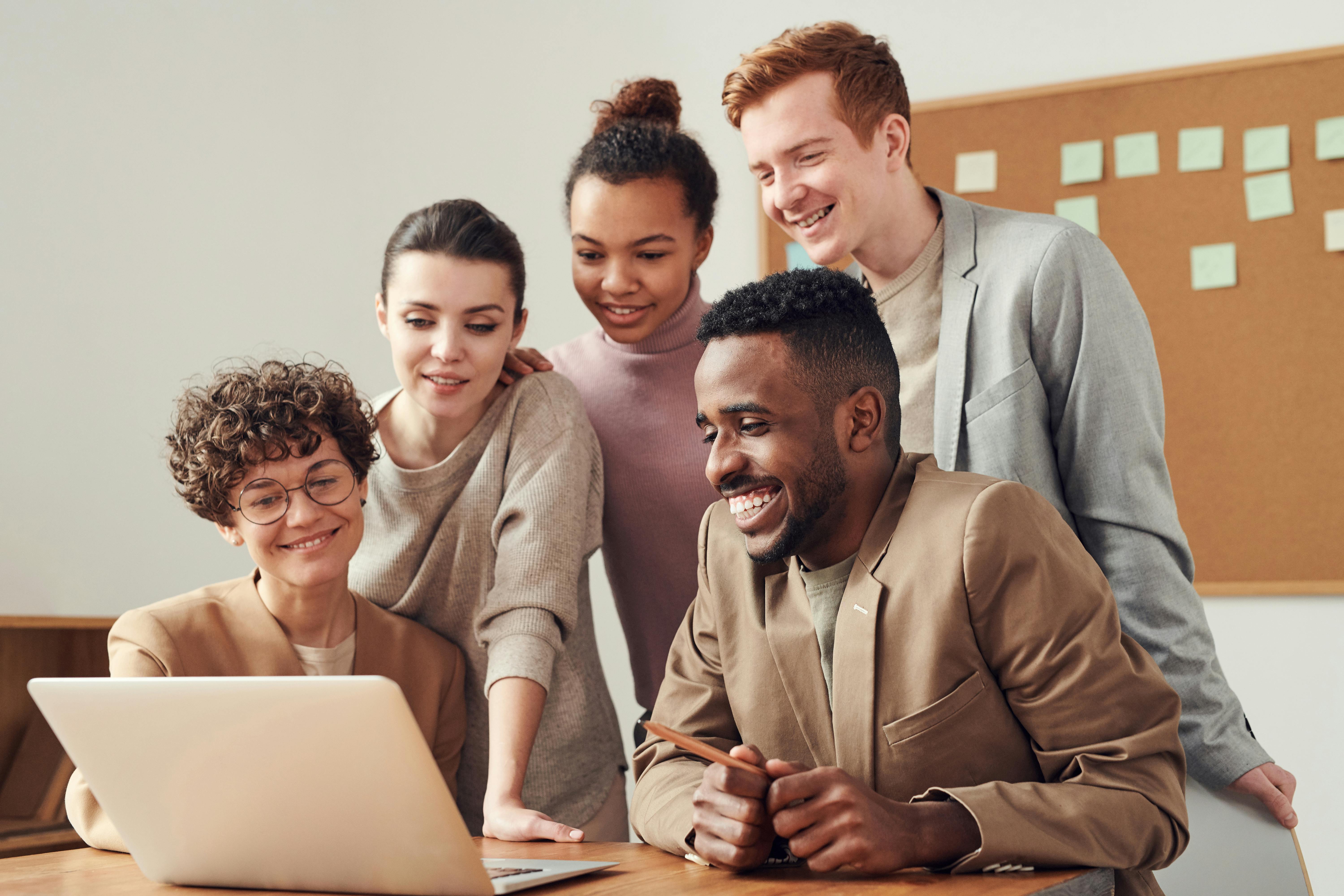 People discussing business strategy in a modern office